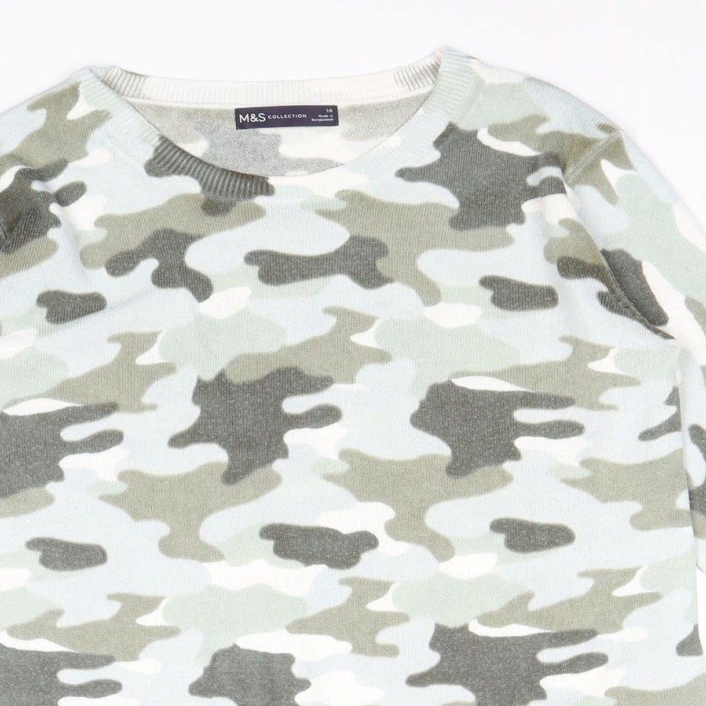 Marks and Spencer Womens Green Boat Neck Camouflage Acrylic Pullover Jumper Size 10