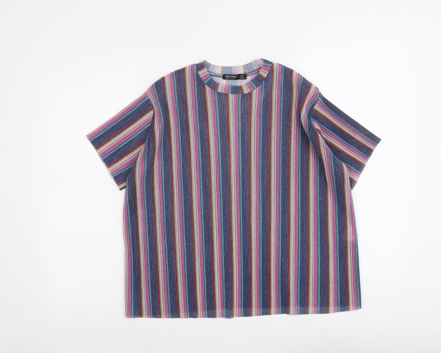 Bershka Womens Multicoloured Striped Polyester Basic T-Shirt Size S Round Neck