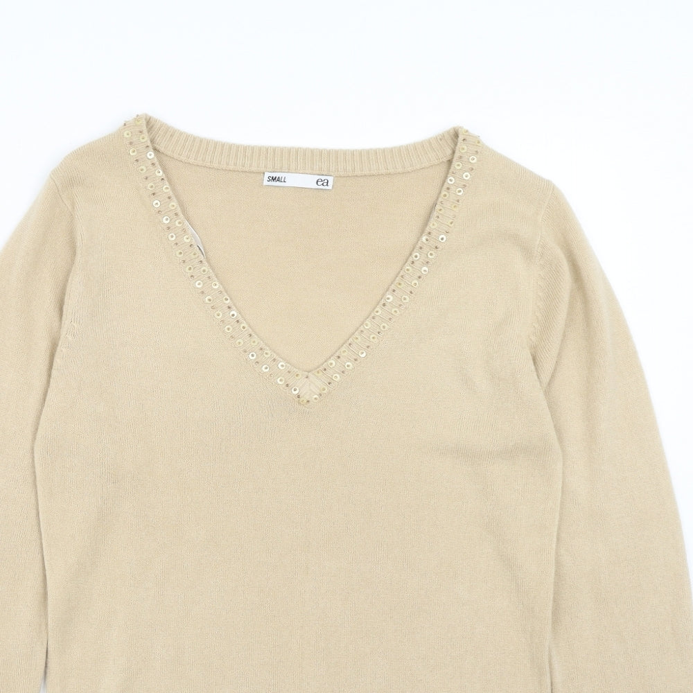 EA Womens Beige V-Neck Acrylic Pullover Jumper Size S