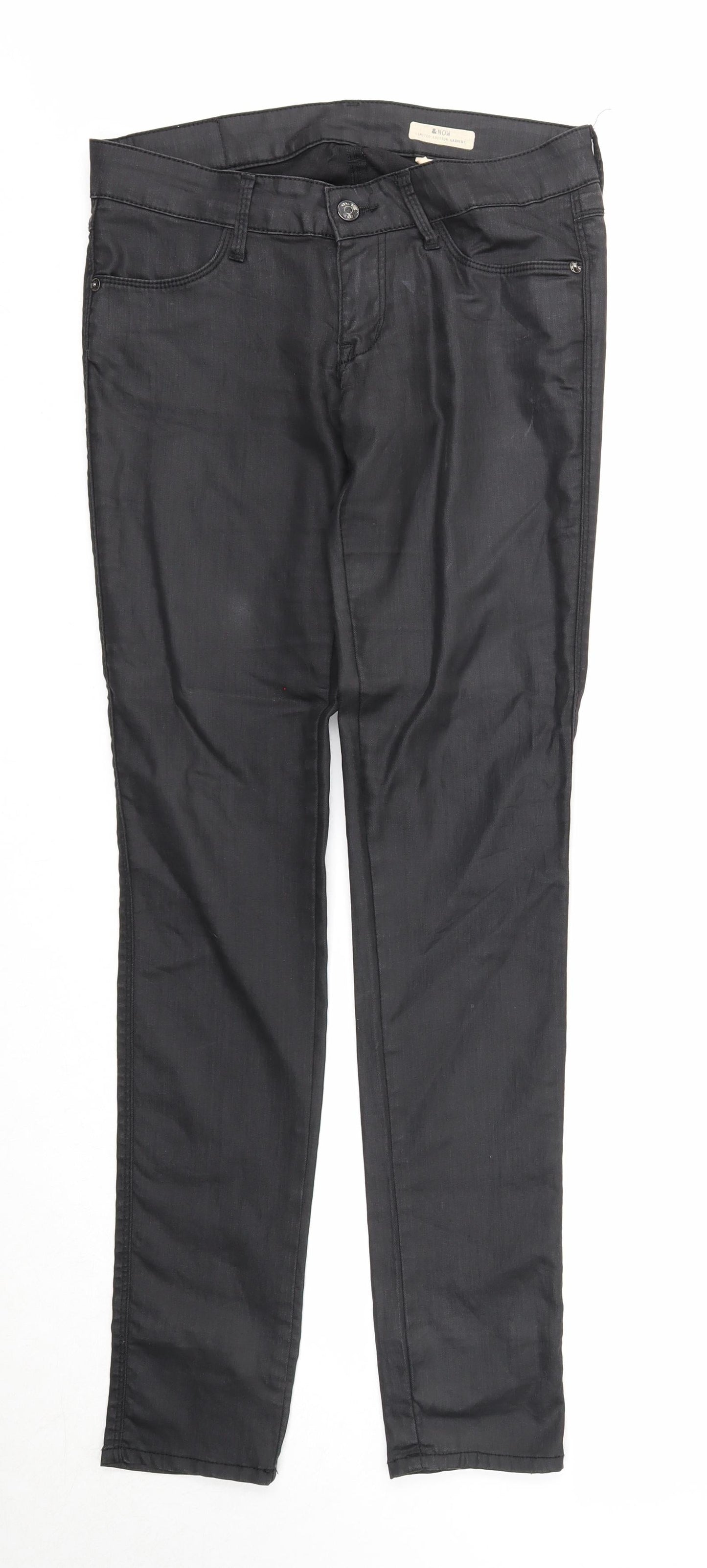H&M Womens Black Cotton Trousers Size 28 in Regular Zip - Coated