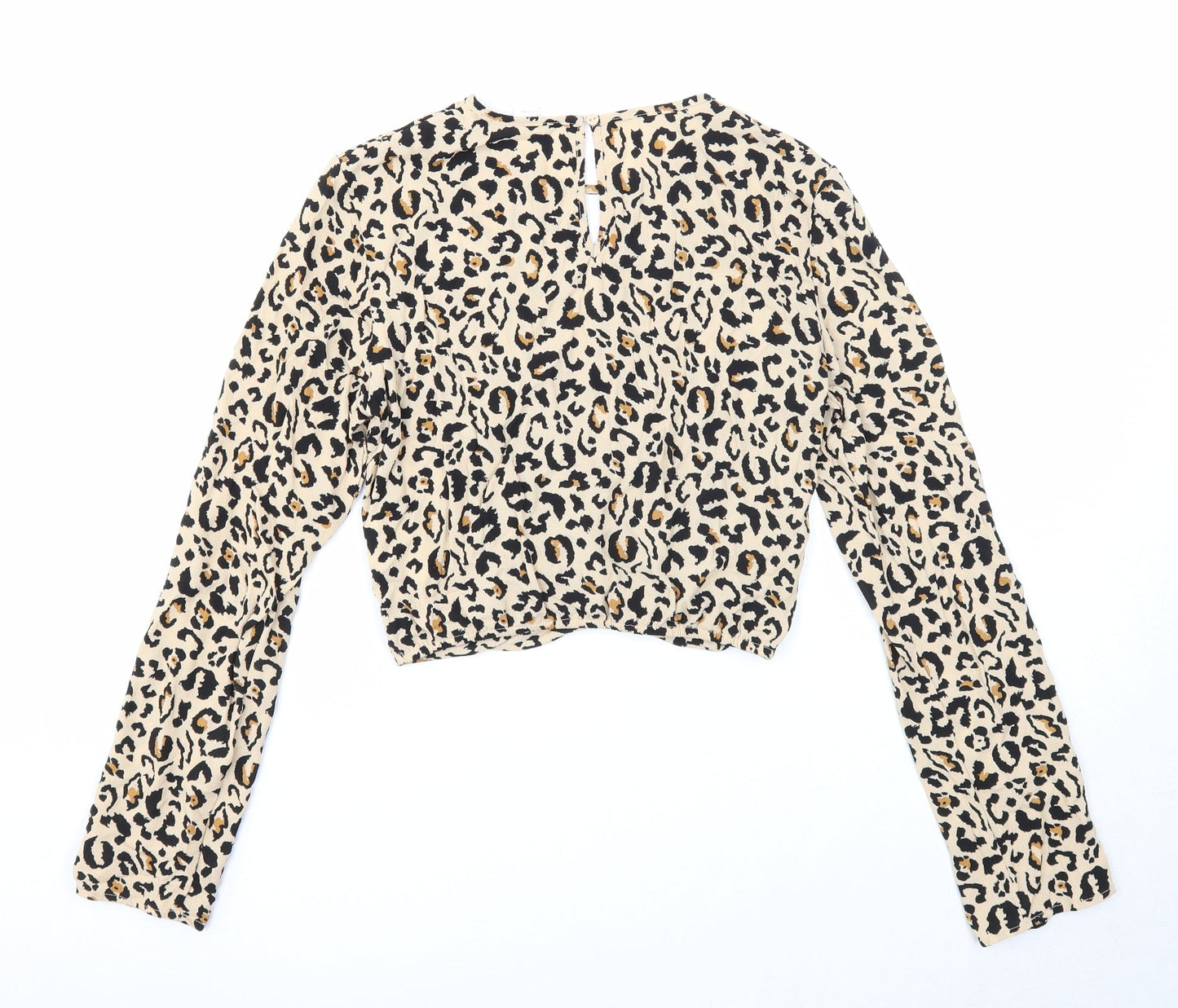 Divided Womens Brown Animal Print Polyester Cropped Blouse Size 6 Round Neck - Leopard Print