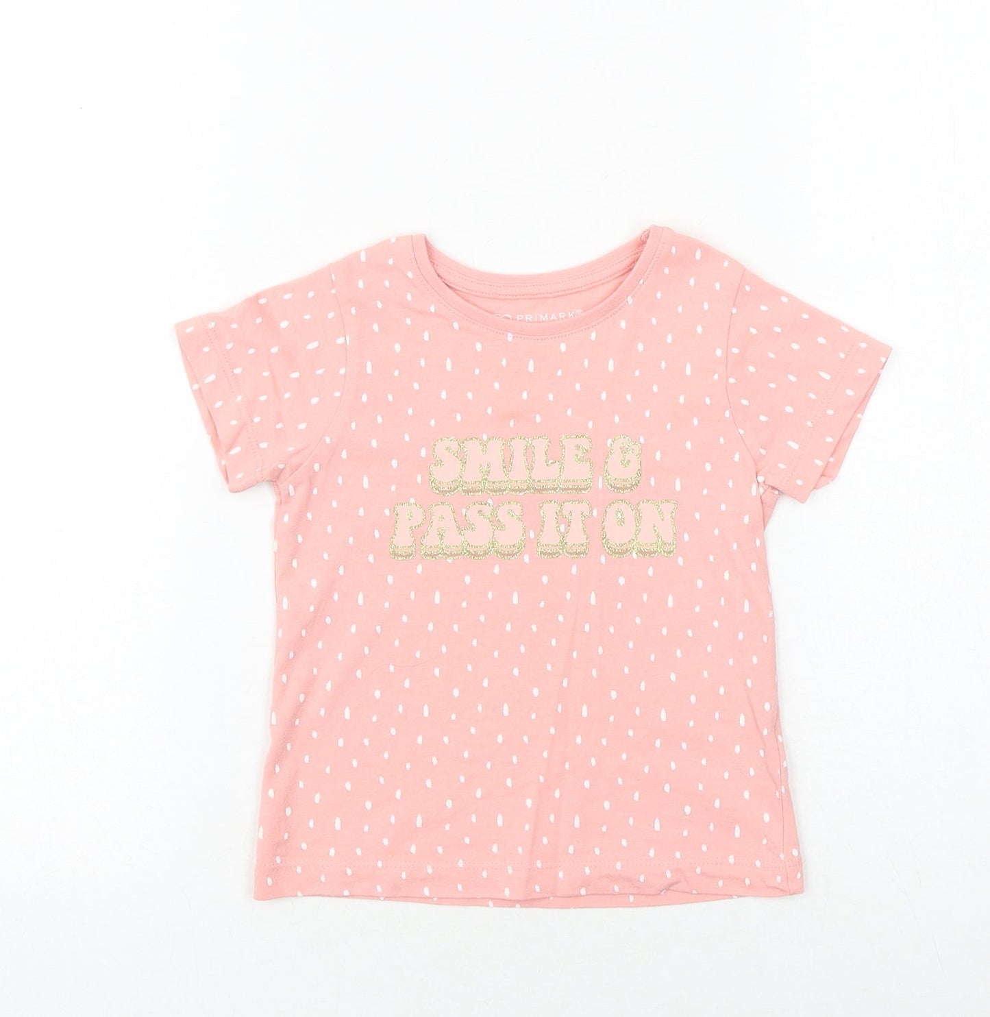 Primark Girls Pink Geometric 100% Cotton Basic T-Shirt Size 2-3 Years Round Neck Pullover - Smile & Pass It On