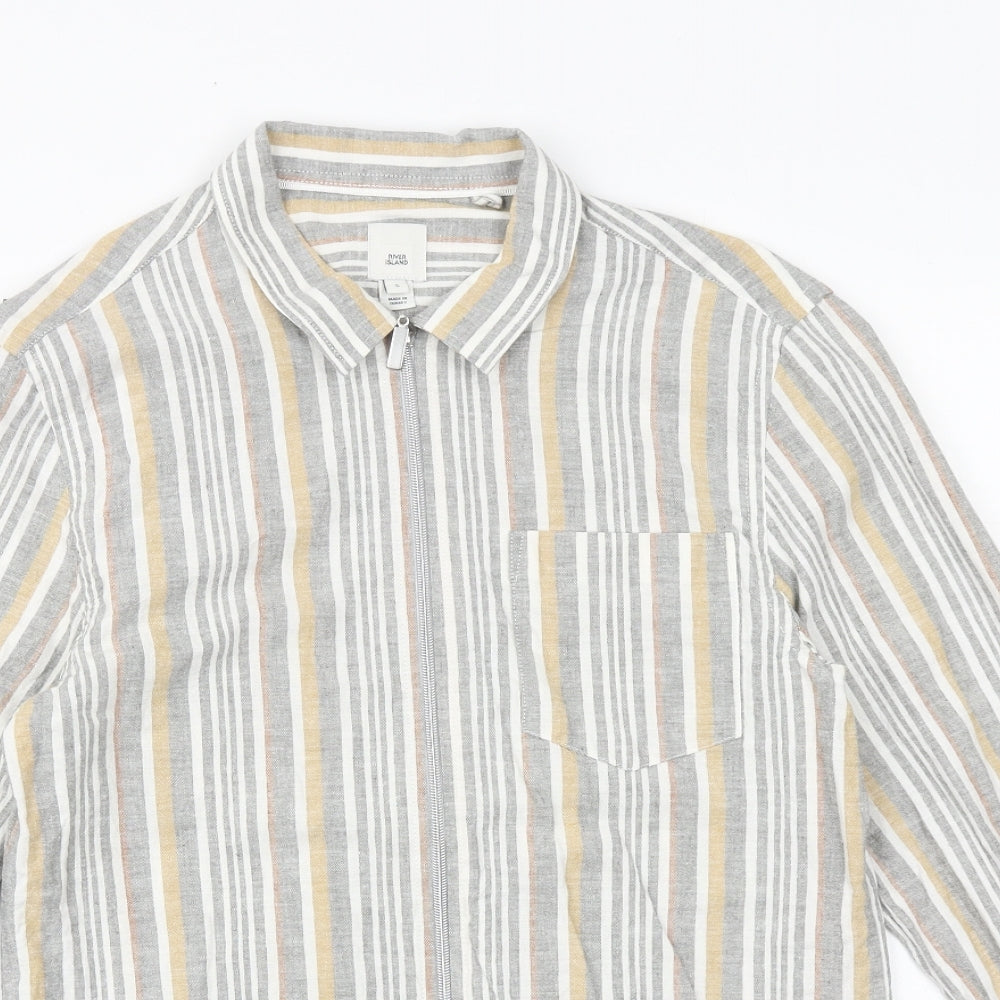 River Island Mens Grey Striped Cotton Button-Up Size S Collared Zip