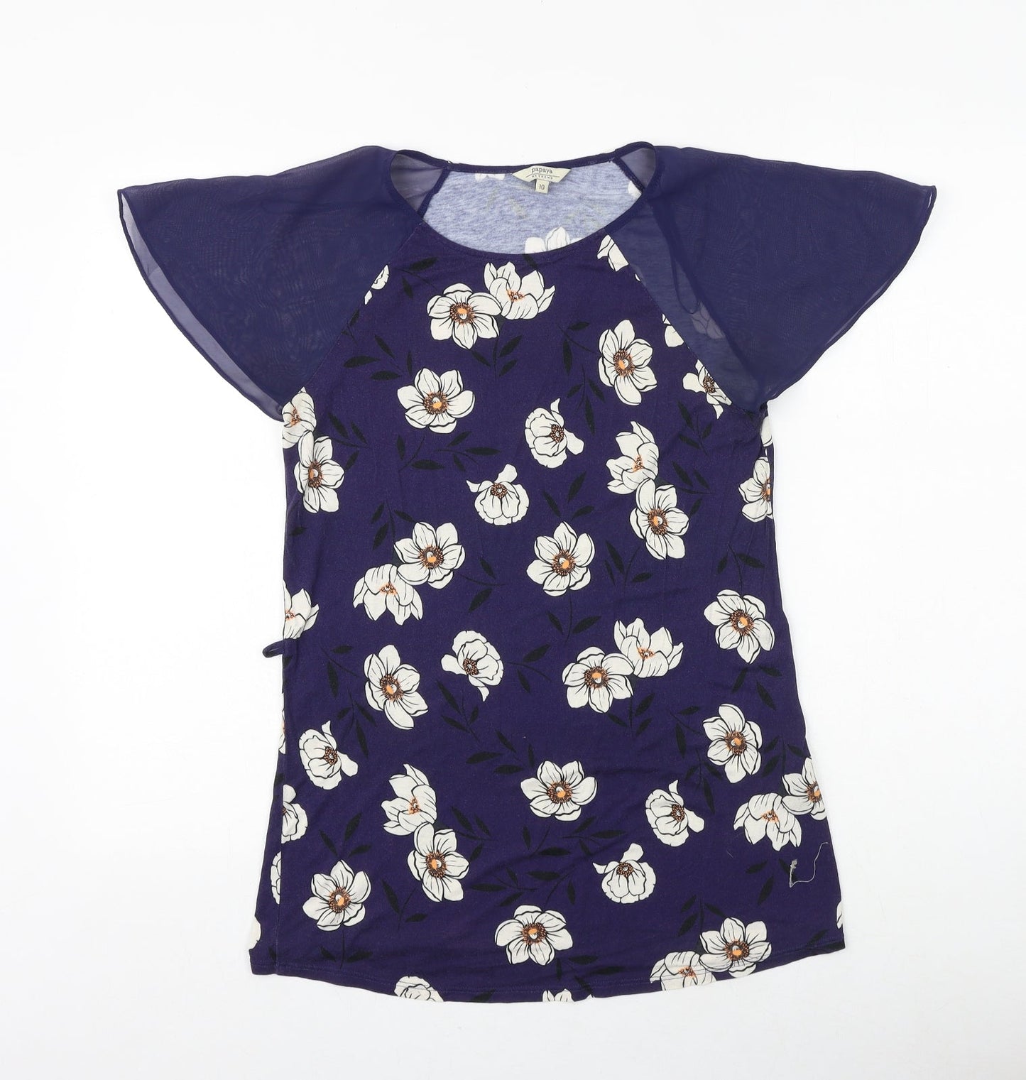 Papaya Womens Blue Floral Viscose Basic Blouse Size 10 Round Neck