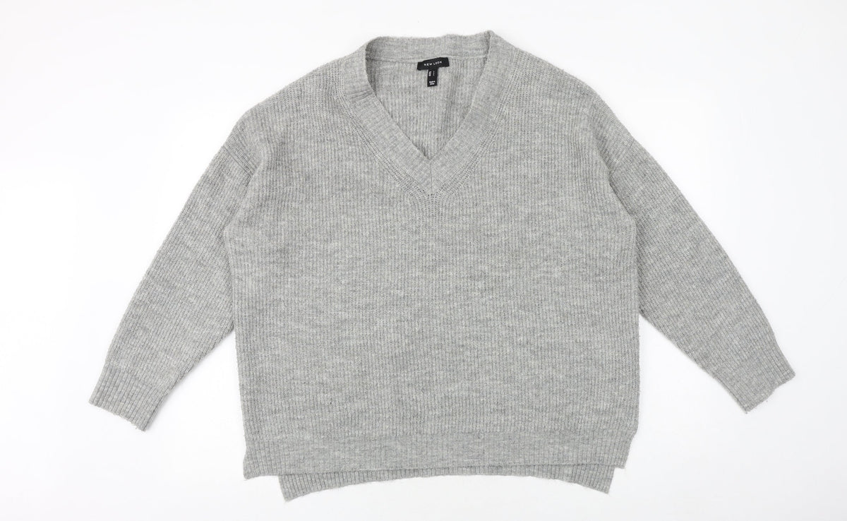 New Look Womens Grey V-Neck Acrylic Pullover Jumper Size L