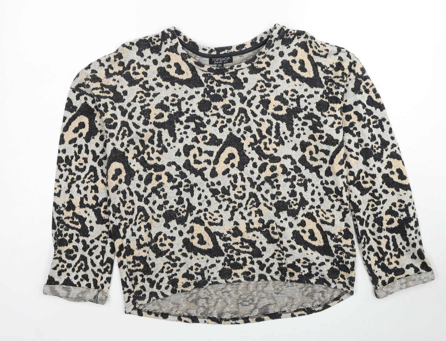 Topshop Womens Beige Round Neck Animal Print Cotton Pullover Jumper Size 10 - Leopard Pattern