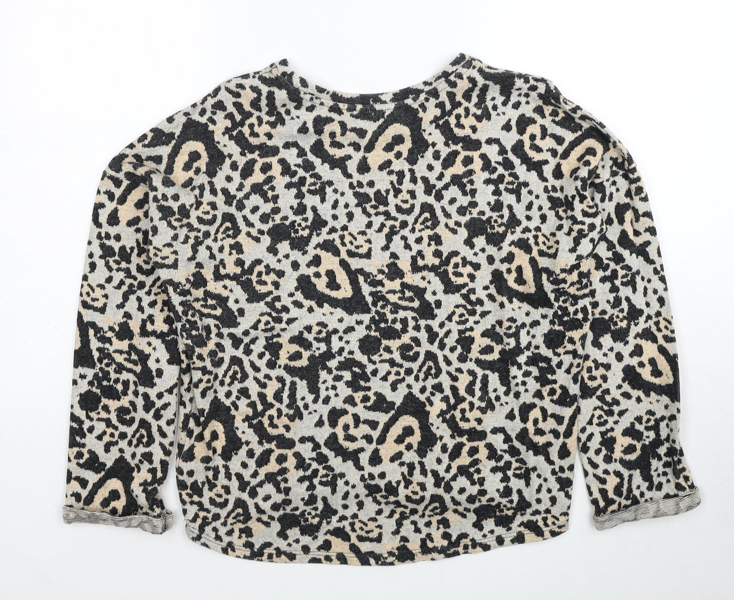 Topshop Womens Beige Round Neck Animal Print Cotton Pullover Jumper Size 10 - Leopard Pattern