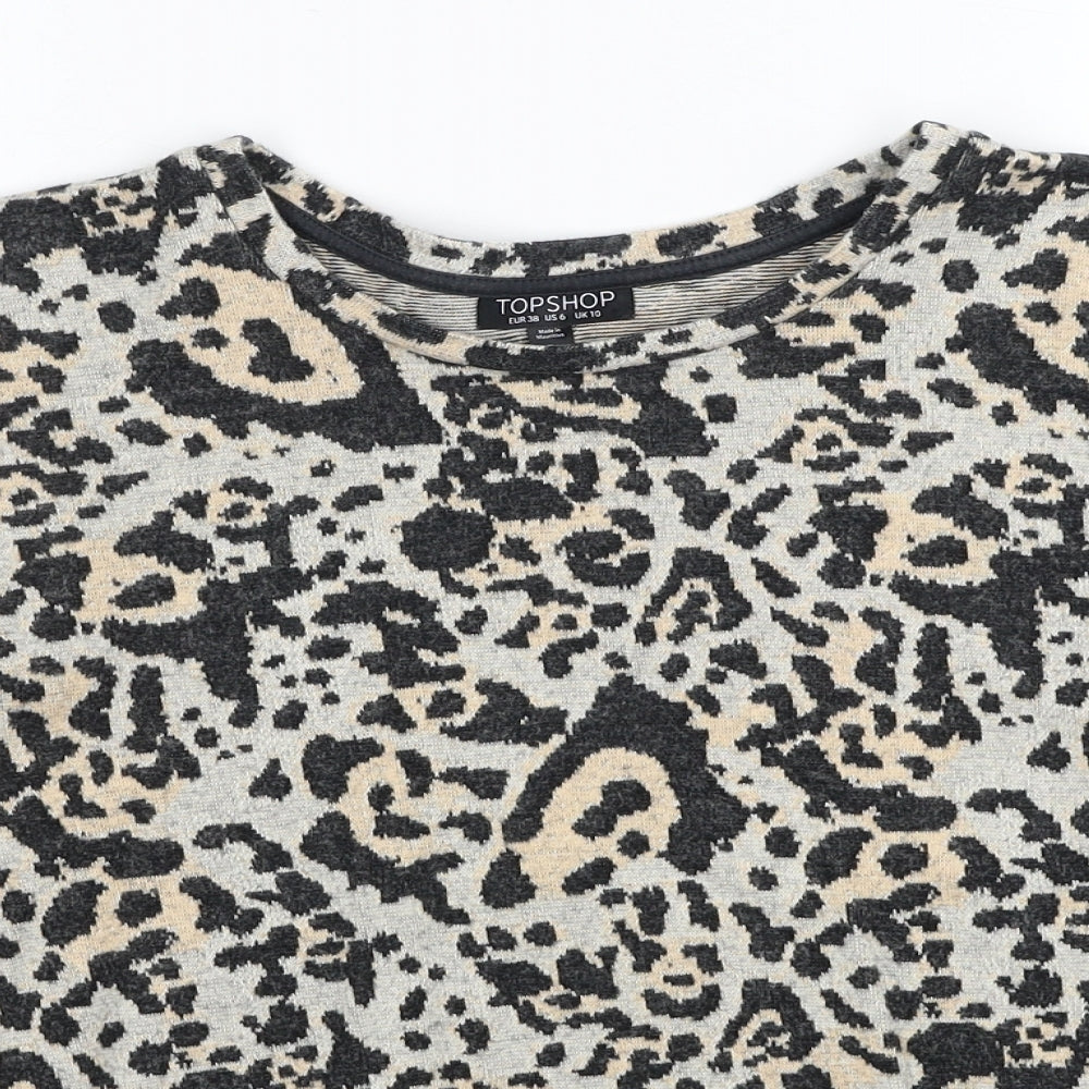 Topshop Womens Beige Round Neck Animal Print Cotton Pullover Jumper Size 10 - Leopard Pattern