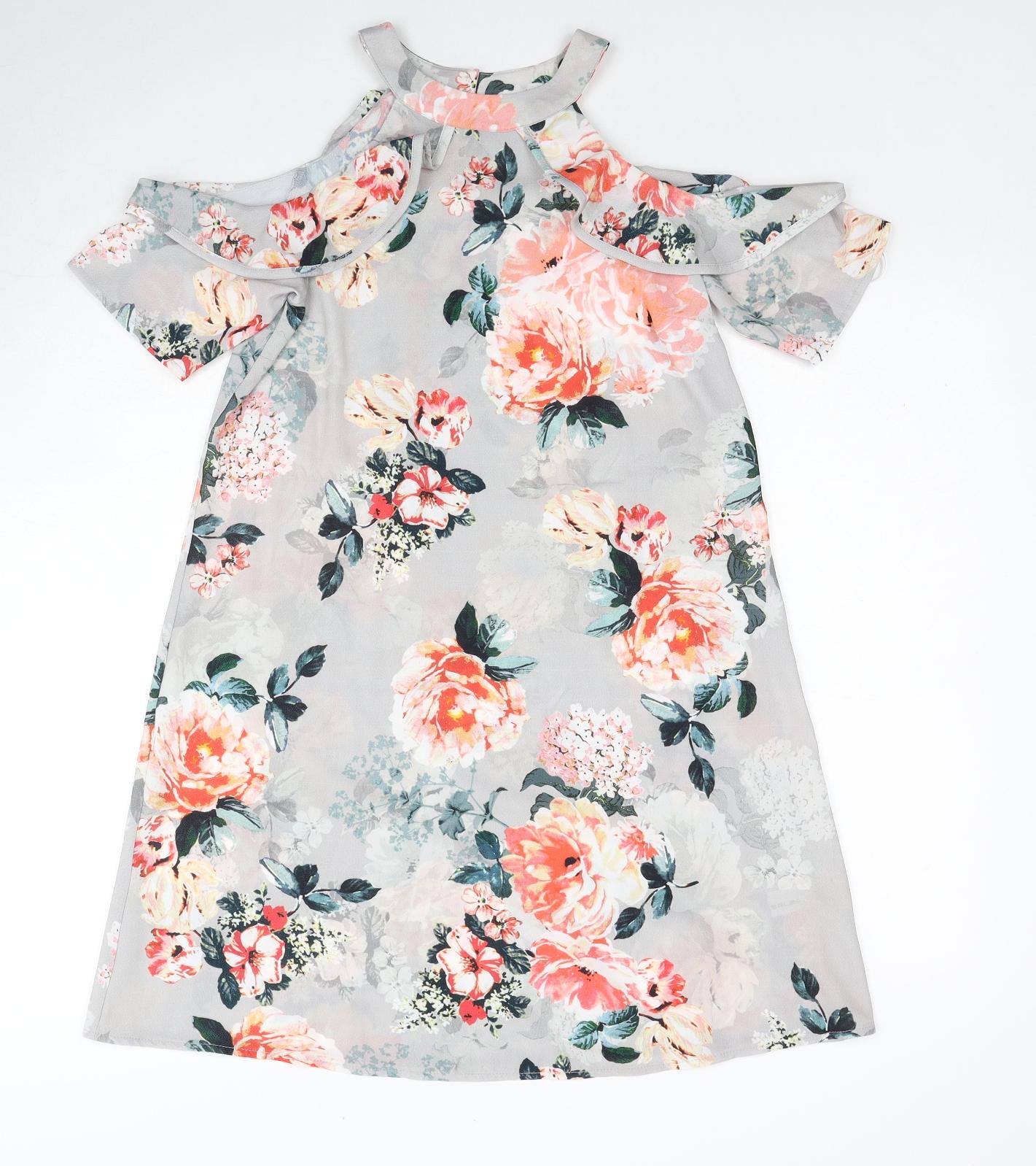 Select Womens Grey Floral Polyester A-Line Size 6 Round Neck Button - Cold Shoulder