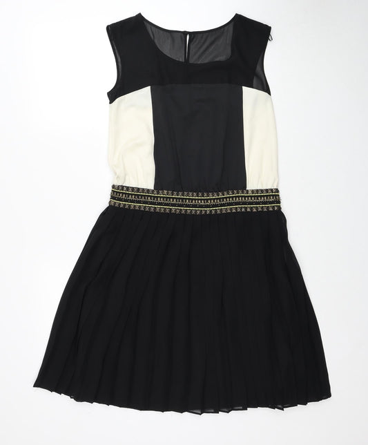 NEXT Womens Black Colourblock Polyester Fit & Flare Size 10 Round Neck Zip