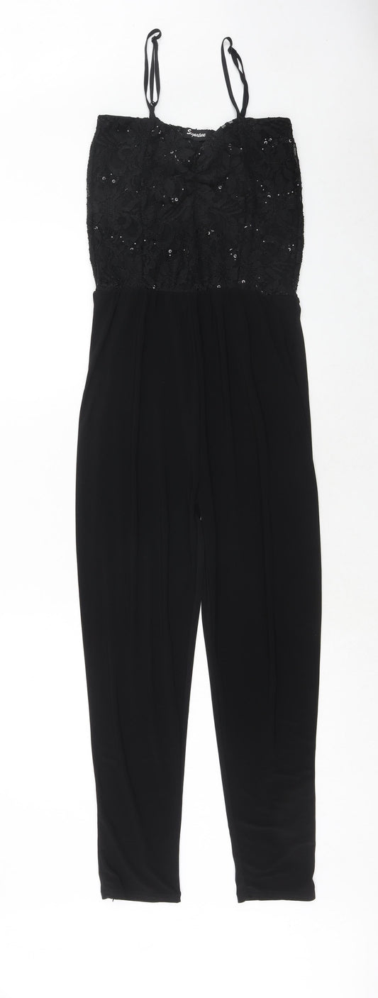 Signature Womens Black Polyester Jumpsuit One-Piece Size S Pullover - Lace Top