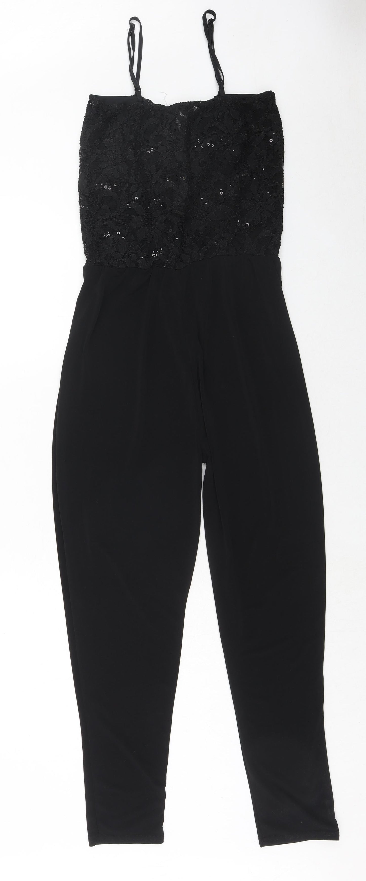 Signature Womens Black Polyester Jumpsuit One-Piece Size S Pullover - Lace Top