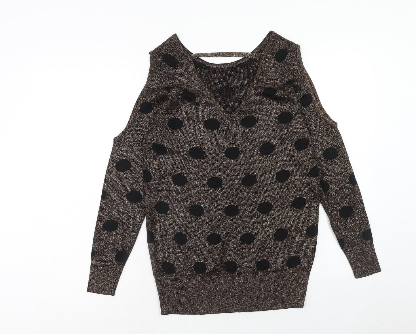 Papaya Womens Brown Round Neck Polka Dot Viscose Pullover Jumper Size 10 - Cold Shoulder