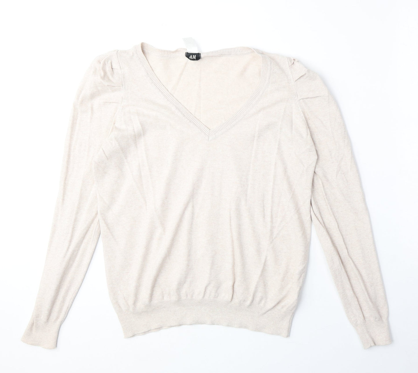 H&M Womens Beige V-Neck Cotton Pullover Jumper Size L