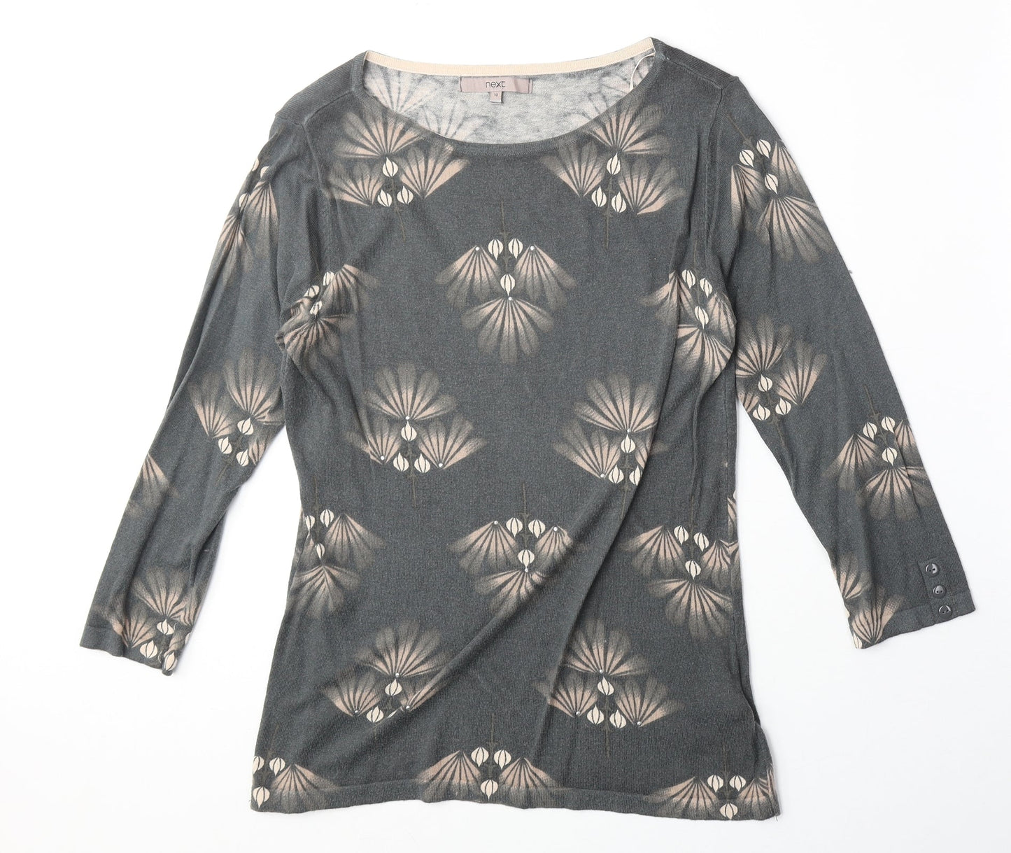 NEXT Womens Grey Geometric Cotton Basic Blouse Size 10 Boat Neck