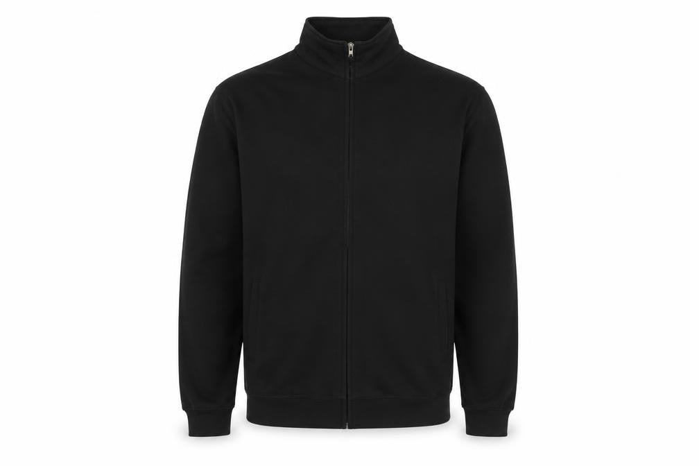 Front view of Just Hoods men’s black polyester full zip sweatshirt, size L, zip - pockets