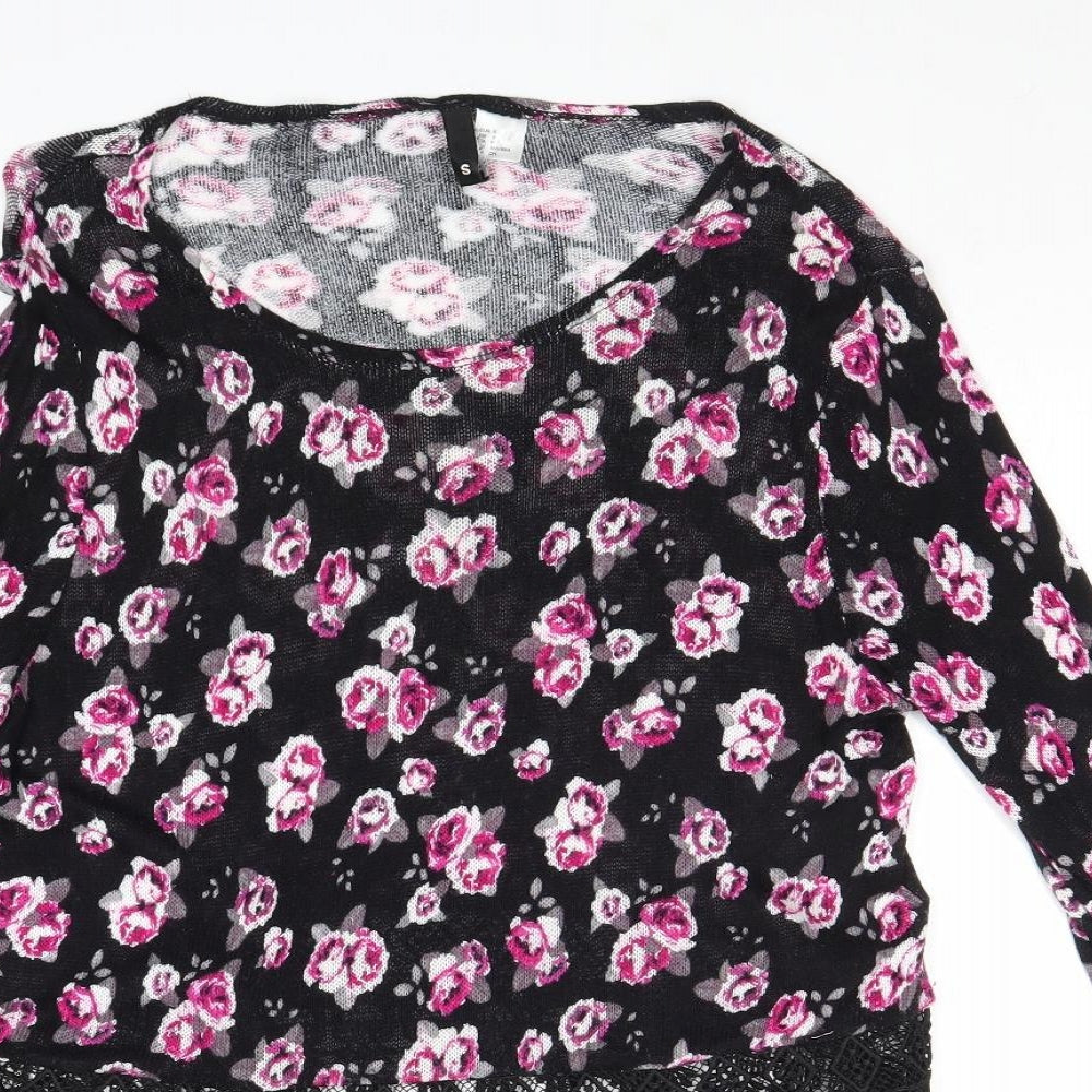 Divided by H&M Womens Black Scoop Neck Floral Viscose Pullover Jumper Size S