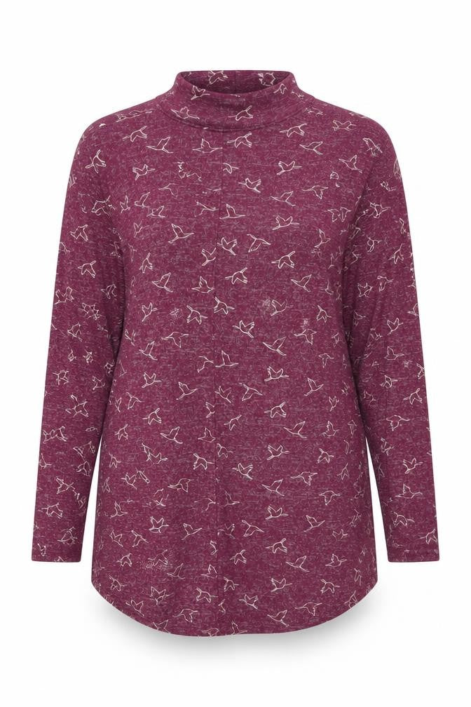 Marks and Spencer Womens Purple Geometric Viscose Tunic T-Shirt Size 8 Mock Neck - Birds
