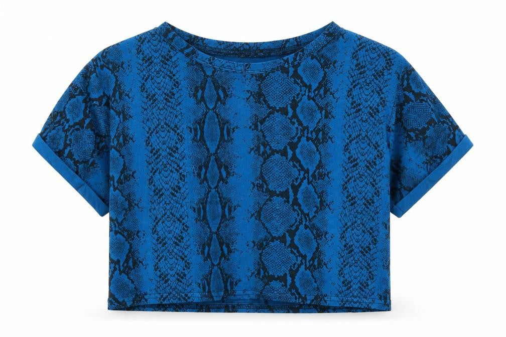 PRETTYLITTLETHING Womens Blue Geometric Viscose Cropped T-Shirt Size 14 Round Neck