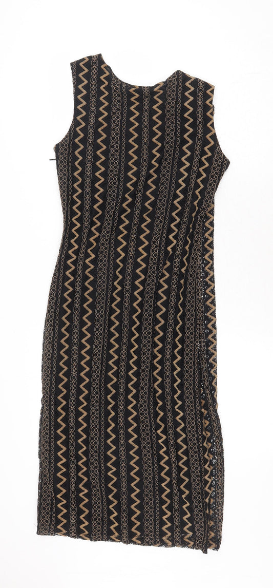 Madam Rage Womens Black Geometric Viscose A-Line Size 10 Round Neck Zip