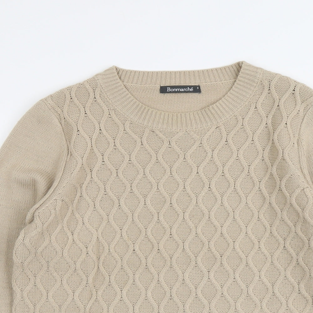Bonmarché Womens Beige Round Neck Geometric Acrylic Pullover Jumper Size S