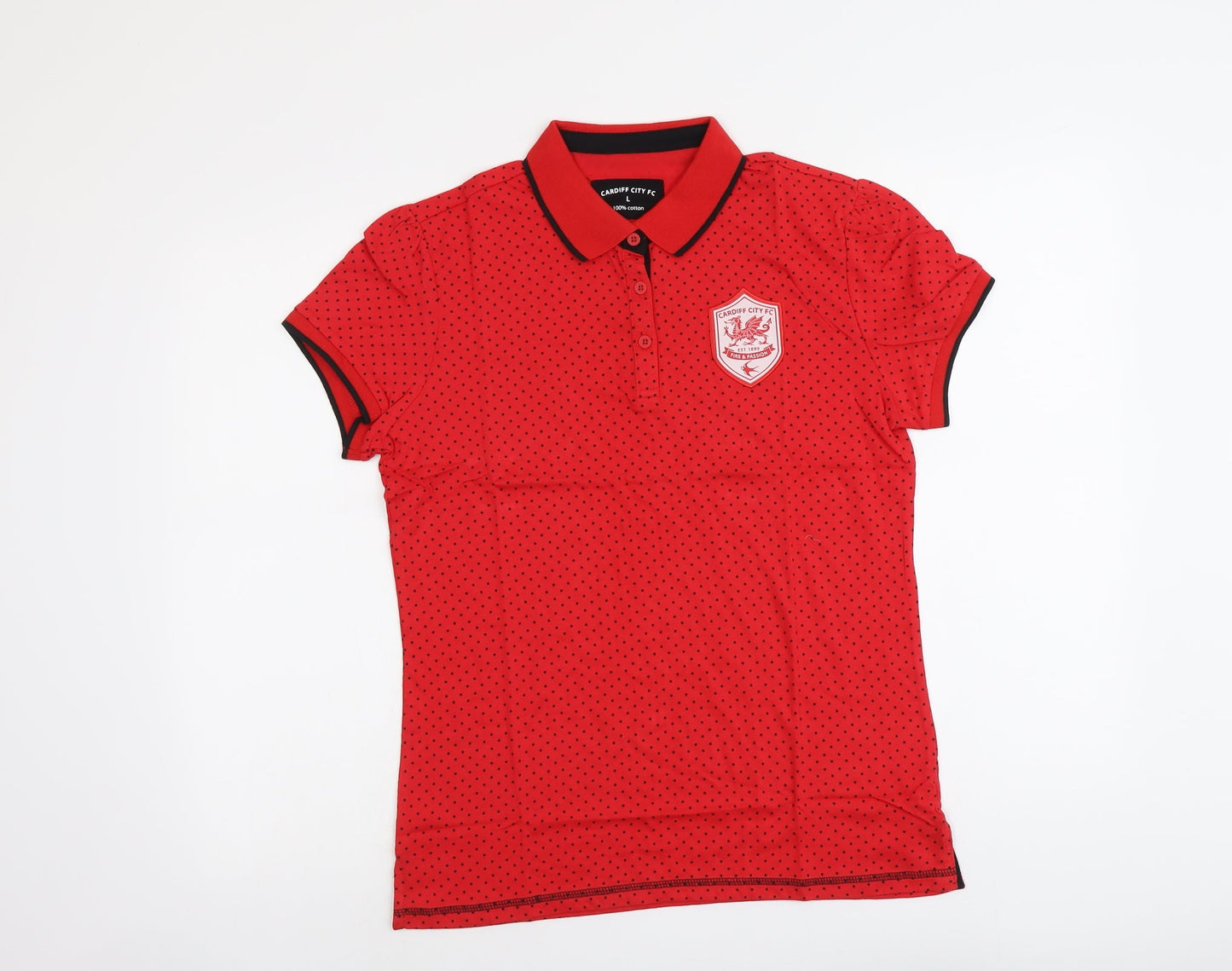 Cardiff City FC Womens Red Polka Dot Cotton Basic Polo Size L Collared - Cardiff City FC
