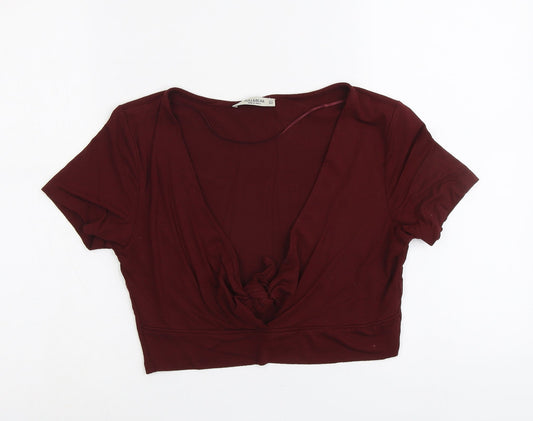 Pull&Bear Womens Red Viscose Cropped T-Shirt Size XL V-Neck