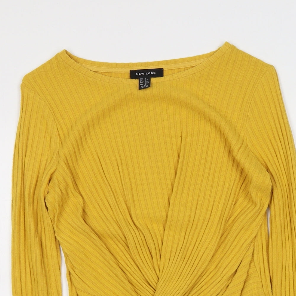 New Look Womens Yellow Boat Neck Polyester Pullover Jumper Size 6 - Knot Front