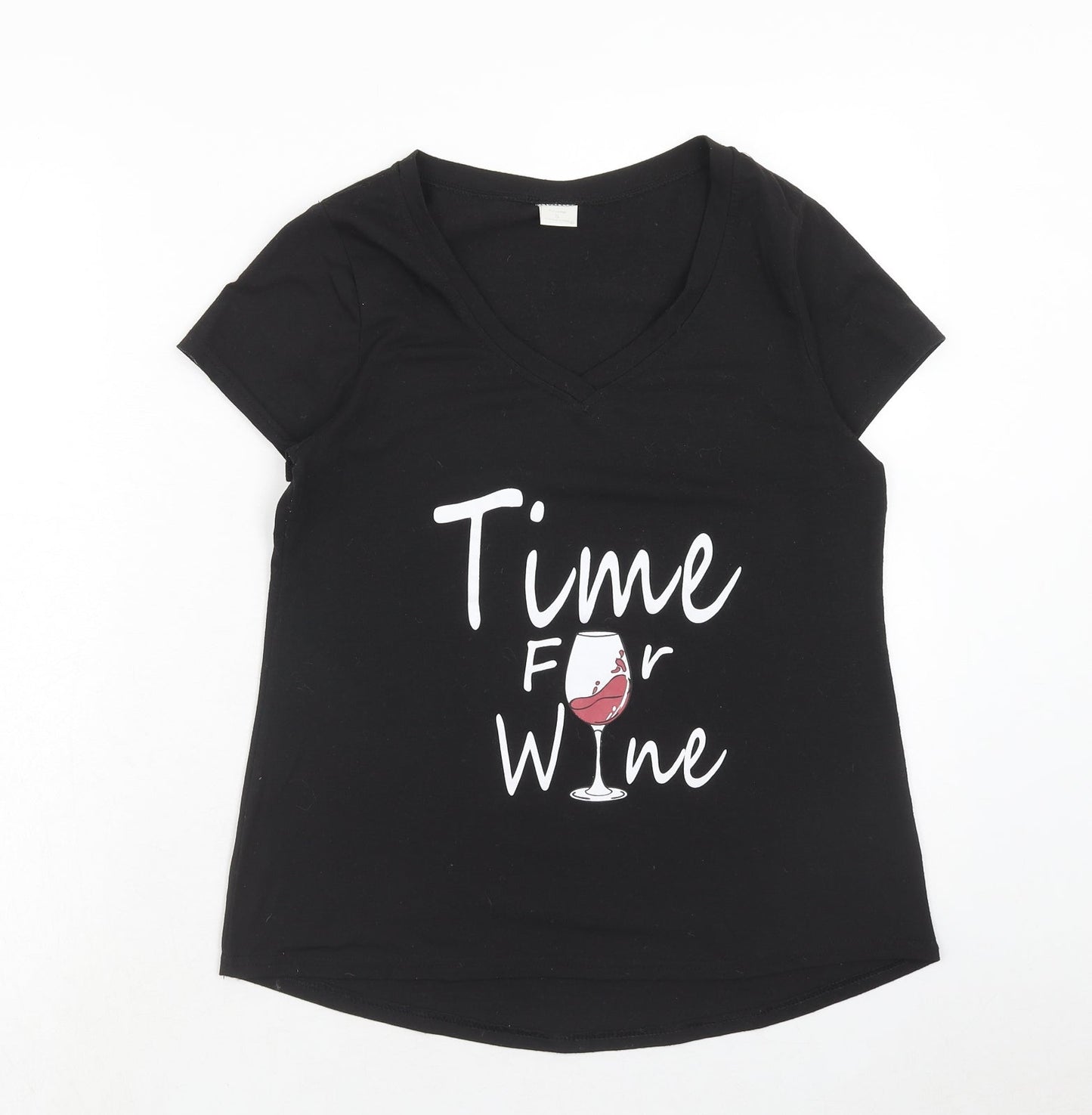 Preworn Womens Black Polyester Basic T-Shirt Size S V-Neck - Time For Wine