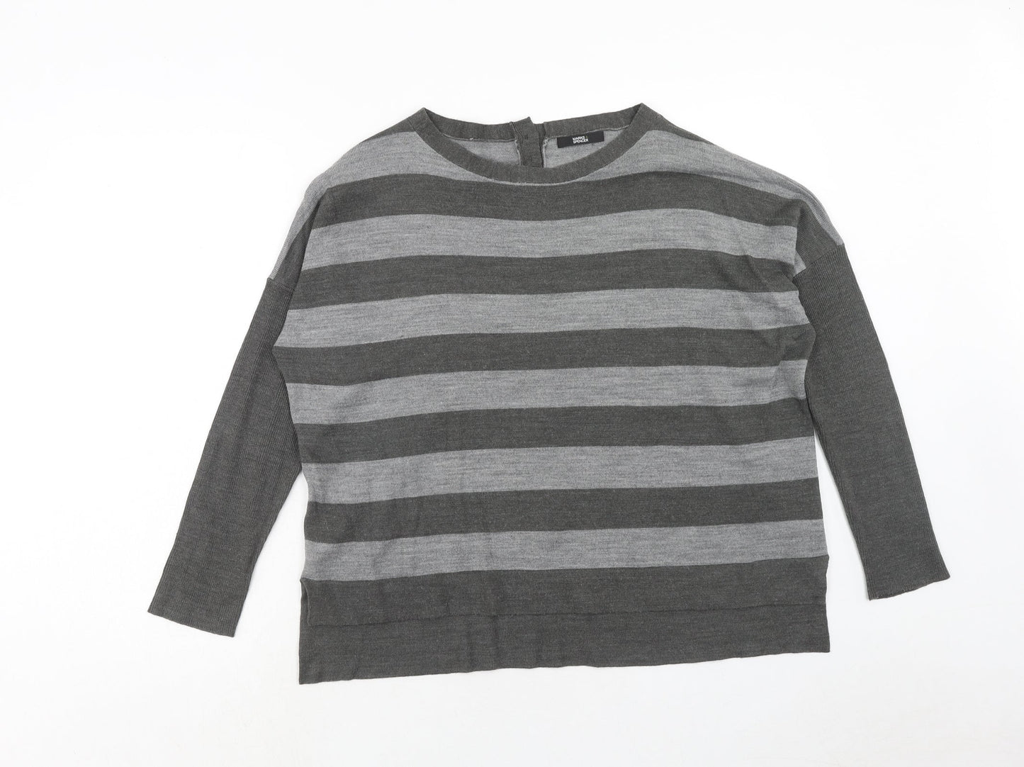 Marks and Spencer Womens Grey Round Neck Striped Acrylic Pullover Jumper Size 12
