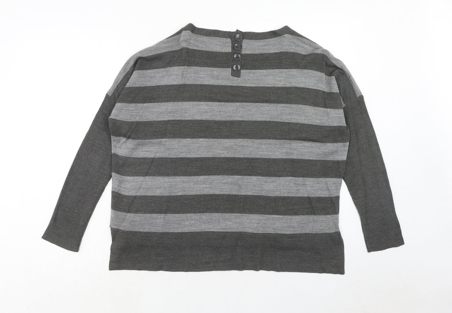 Marks and Spencer Womens Grey Round Neck Striped Acrylic Pullover Jumper Size 12