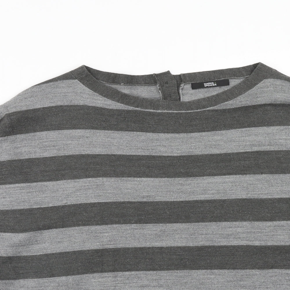 Marks and Spencer Womens Grey Round Neck Striped Acrylic Pullover Jumper Size 12