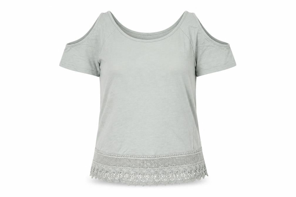 New Look Womens Green Cotton Basic T-Shirt Size 8 Round Neck - Cold Shoulder, Lace Detail