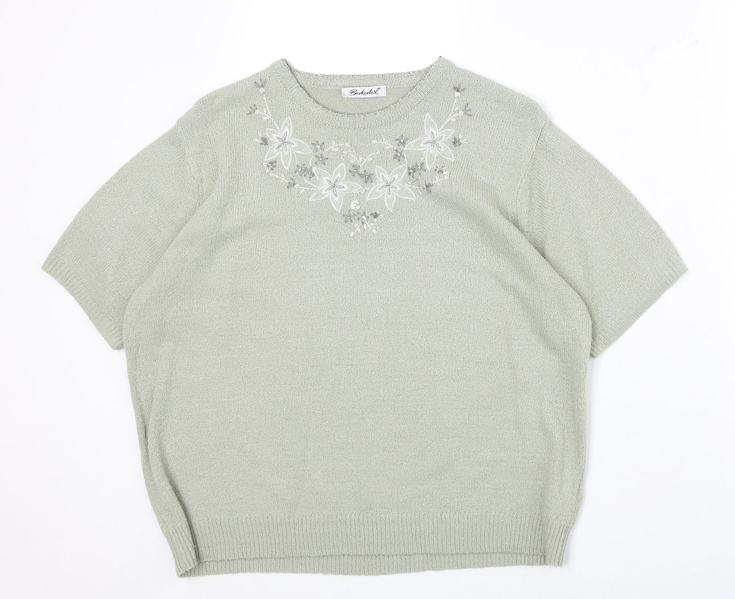 Berkertex Womens Green Round Neck Acrylic Pullover Jumper Size 14 - Floral Detail