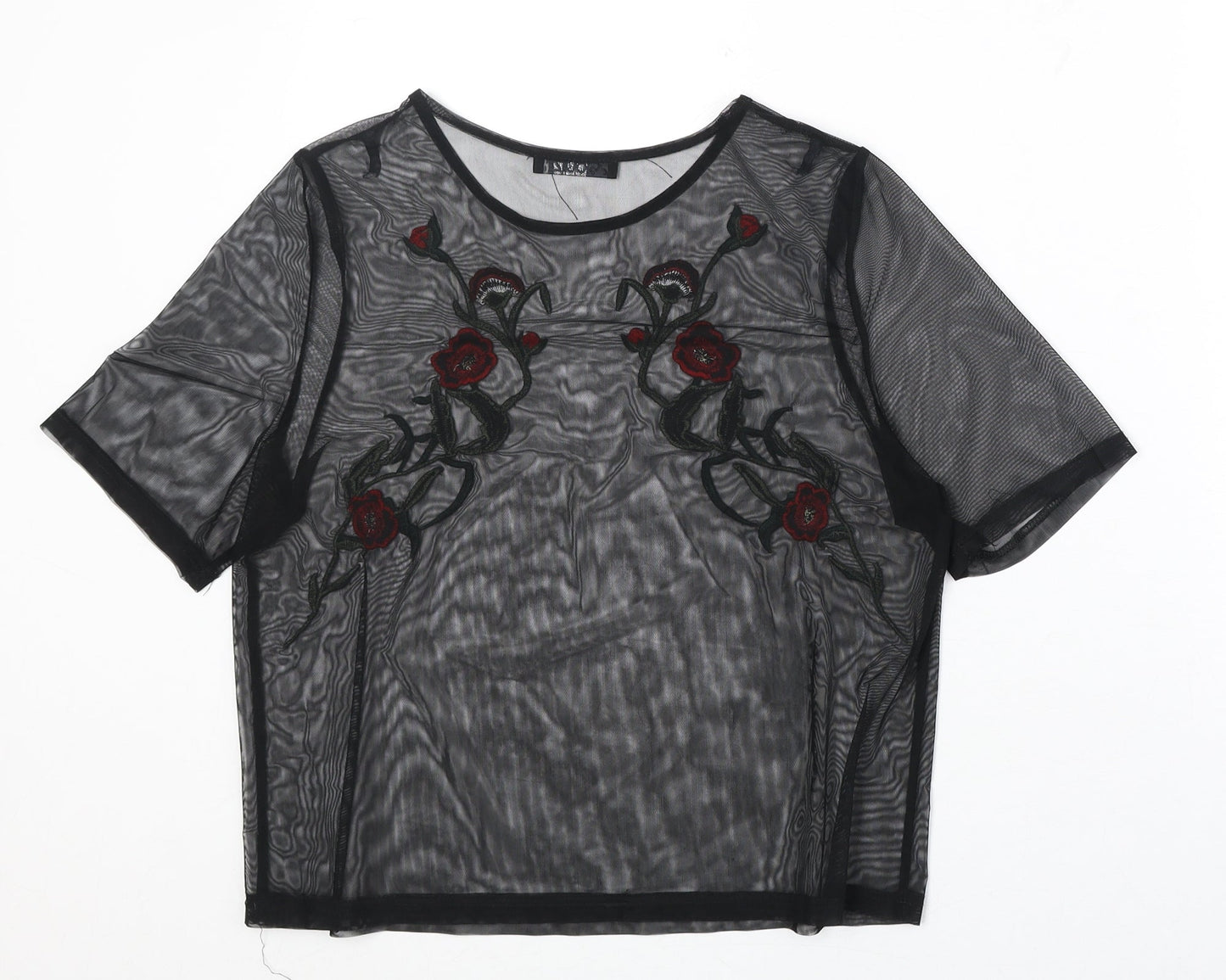 Quiz Womens Black Floral Polyester Basic Blouse Size 10 Round Neck