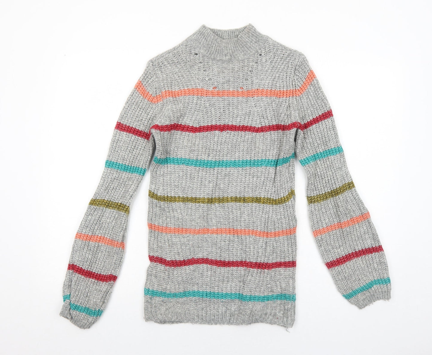 Papaya Womens Grey High Neck Striped Acrylic Pullover Jumper Size XS