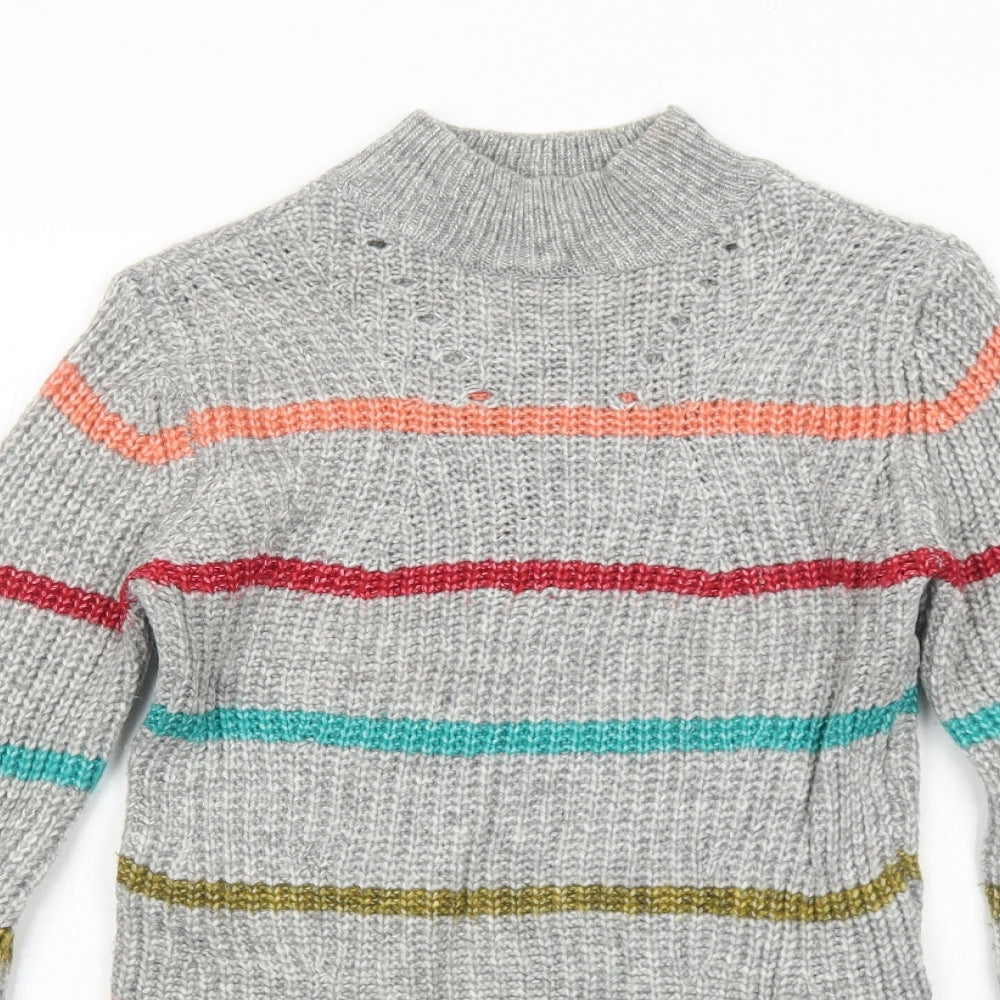 Papaya Womens Grey High Neck Striped Acrylic Pullover Jumper Size XS