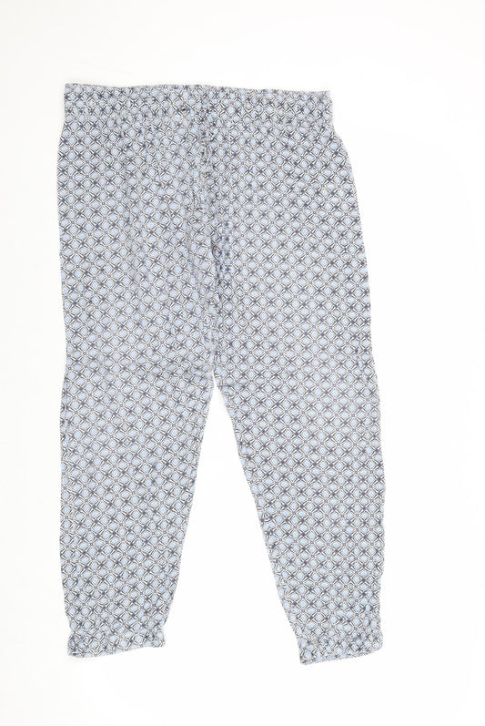 Original Womens Blue Geometric Cotton Trousers Size 14 Regular Drawstring