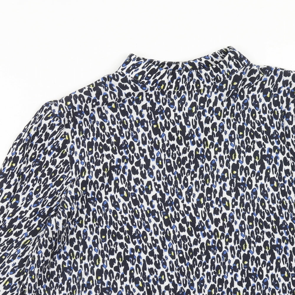 Per Una Womens Blue Animal Print Viscose Basic Blouse Size 12 Mock Neck - Leopard Pattern