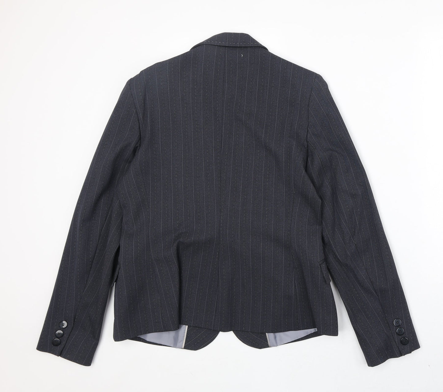 AMARANTO Womens Blue Striped Polyester Jacket Blazer Size 14