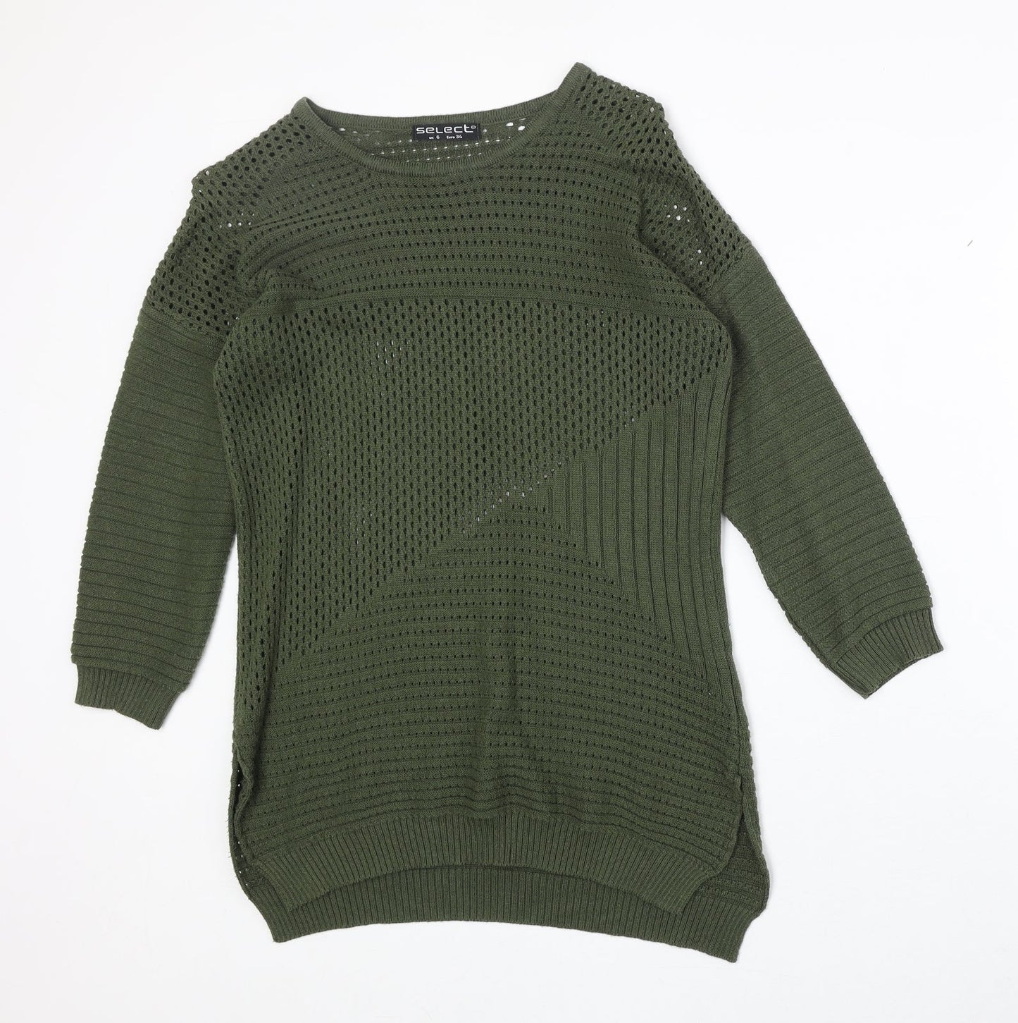 Select Womens Green Boat Neck Geometric Cotton Pullover Jumper Size 6