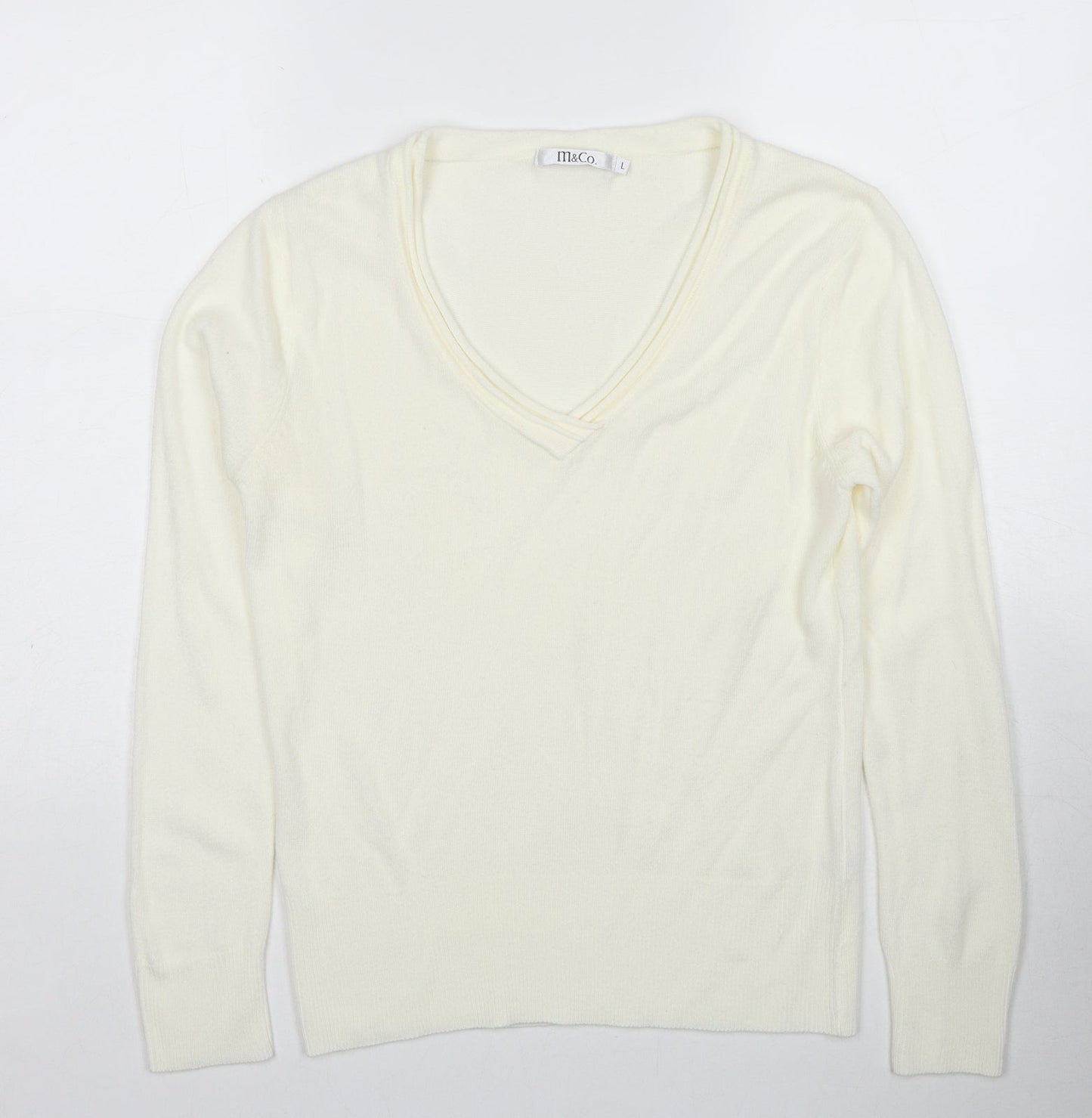 M&Co Womens Ivory V-Neck Acrylic Pullover Jumper Size L