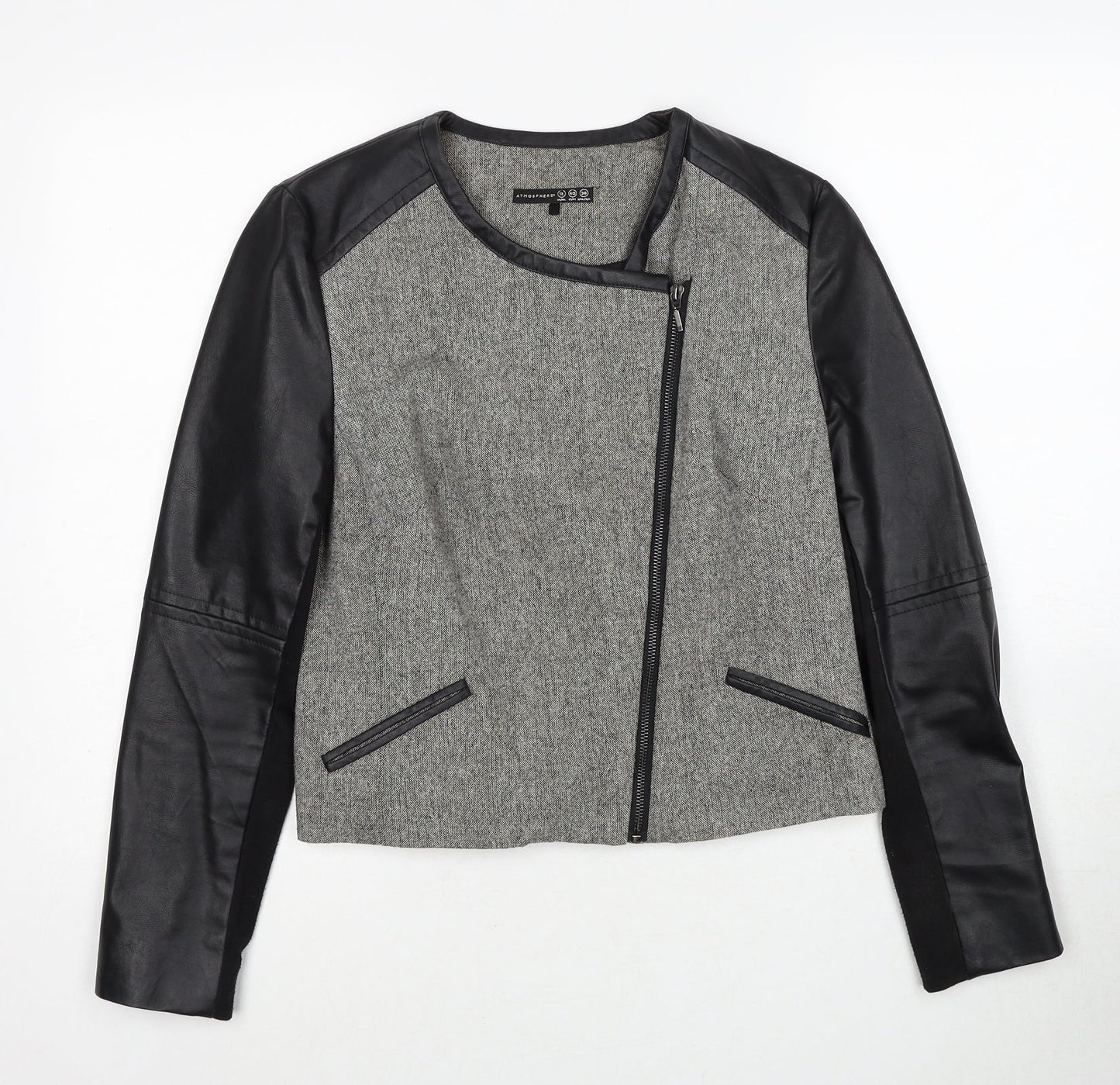 Atmosphere Womens Black Geometric Biker Jacket Size 12 Zip