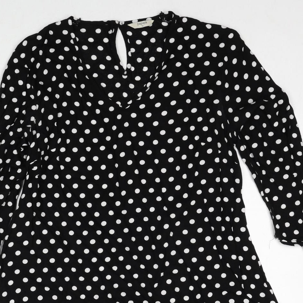 Papaya Womens Black Polka Dot Viscose A-Line Size 10 V-Neck Pullover