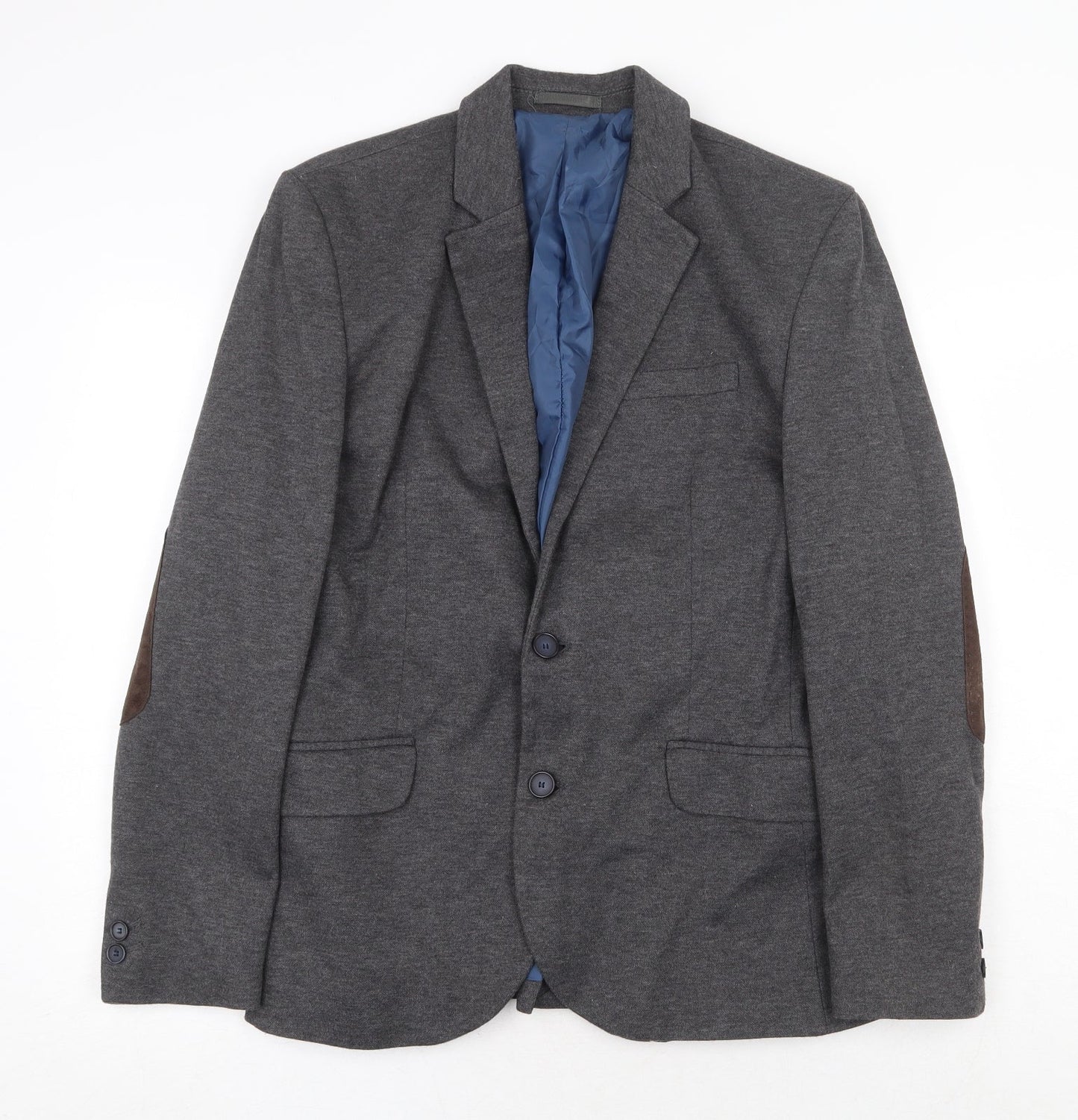 River Island Mens Grey Wool Jacket Blazer Size M Regular - Elbow Patches