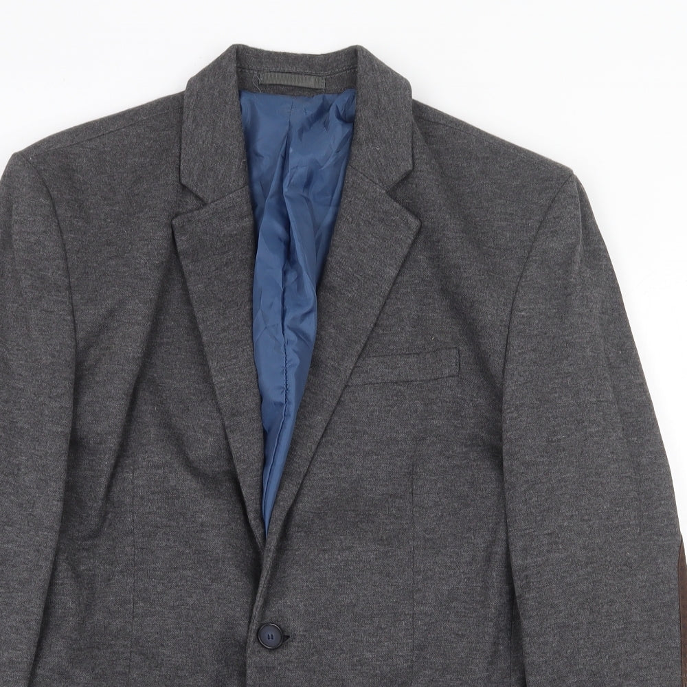 River Island Mens Grey Wool Jacket Blazer Size M Regular - Elbow Patches