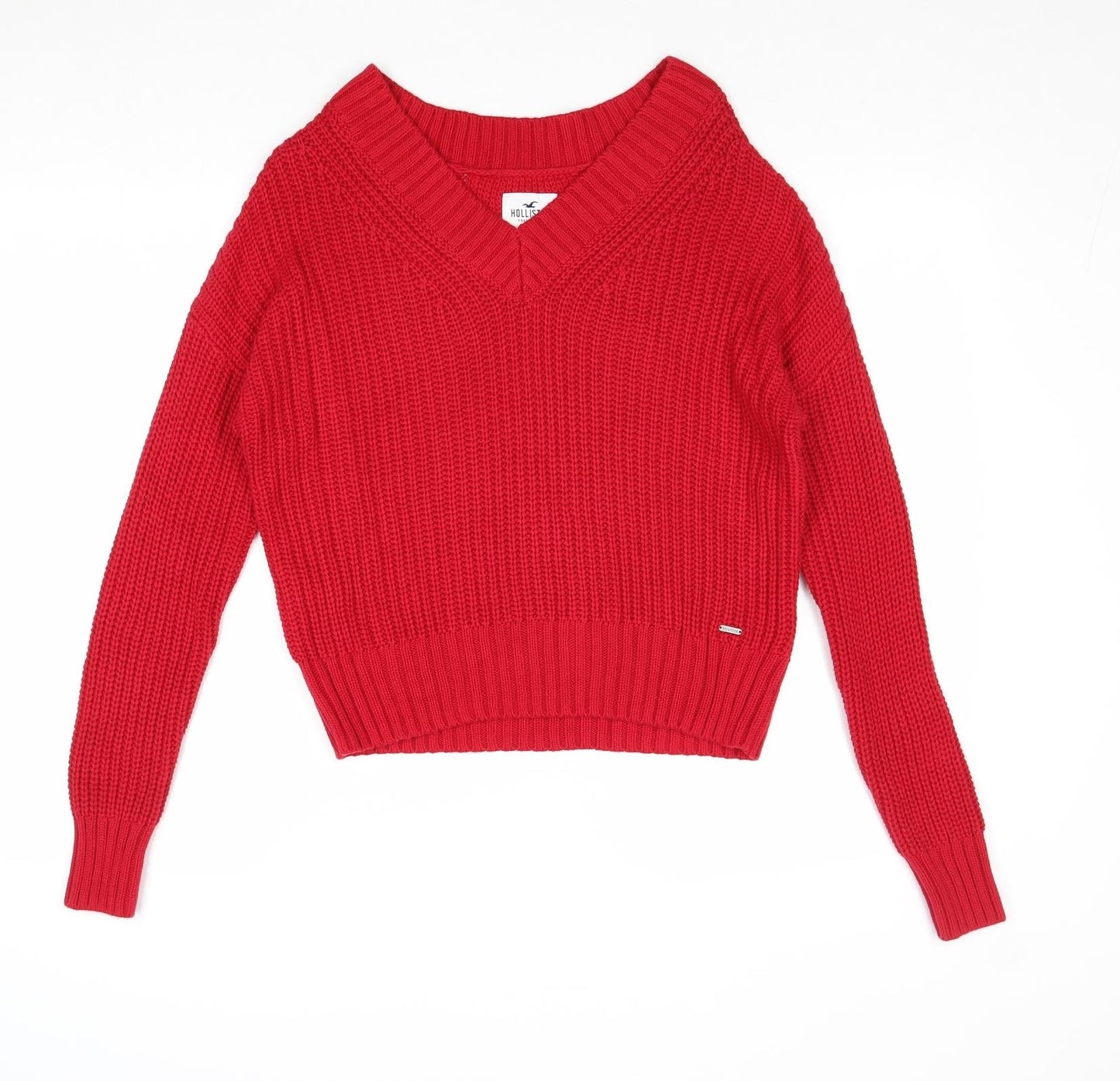Hollister Womens Red V-Neck Cotton Pullover Jumper Size S