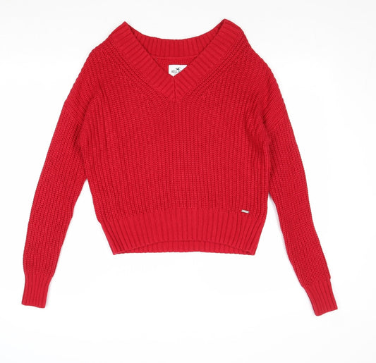 Hollister Womens Red V-Neck Cotton Pullover Jumper Size S