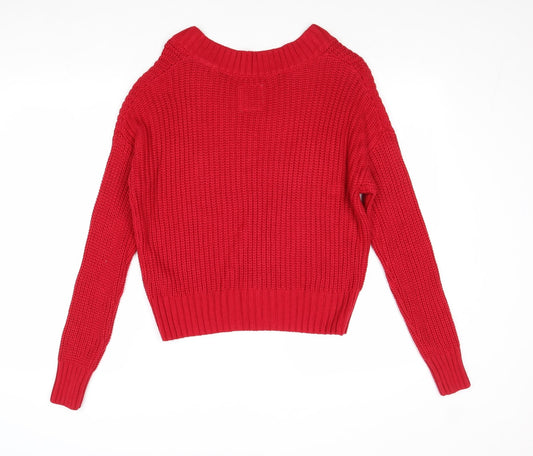 Hollister Womens Red V-Neck Cotton Pullover Jumper Size S