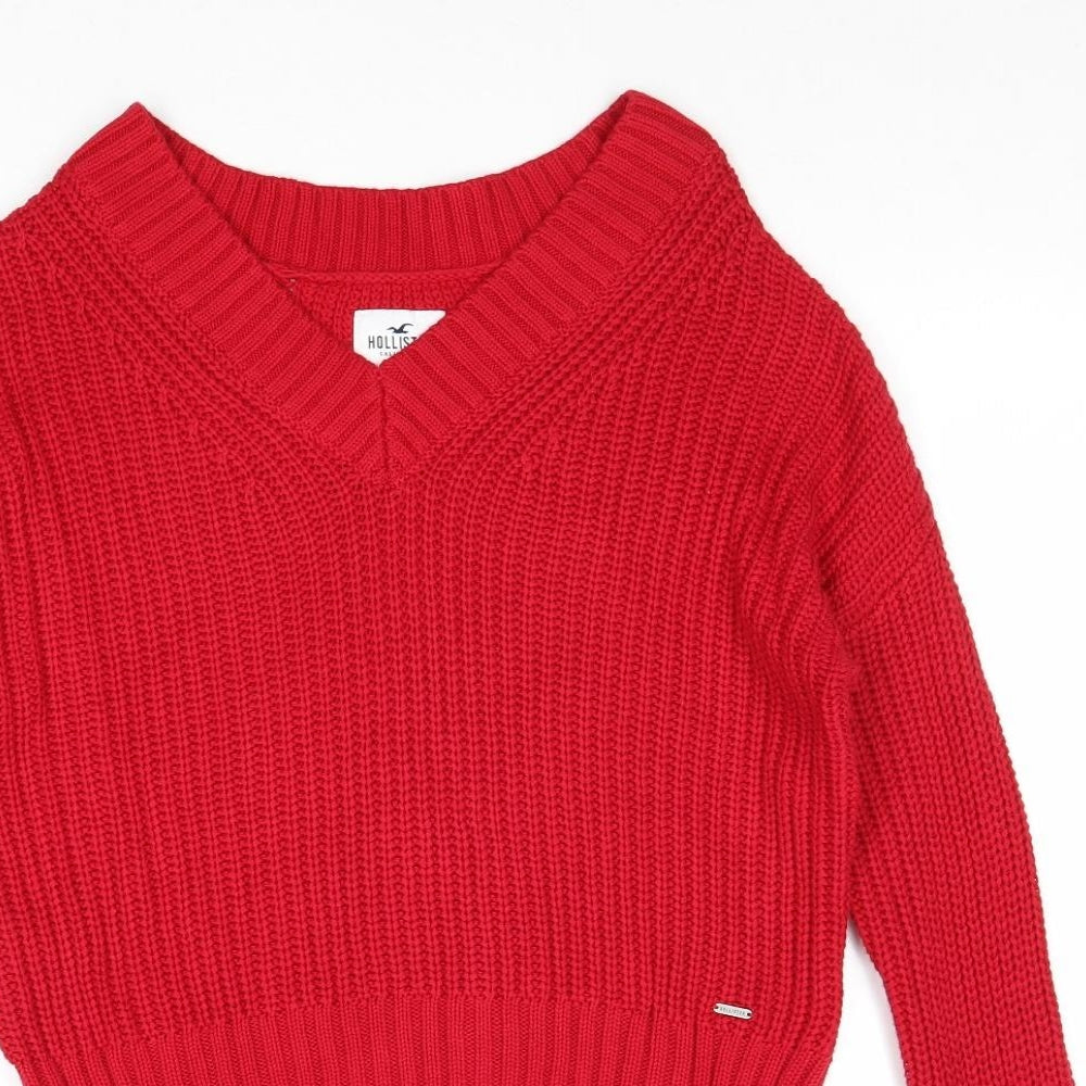 Hollister Womens Red V-Neck Cotton Pullover Jumper Size S